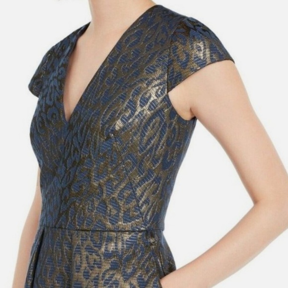 Vince Camuto Jacquard Cap Sleeve Fit and Flare in Navy and Gold Animal Print - Picture 3 of 14